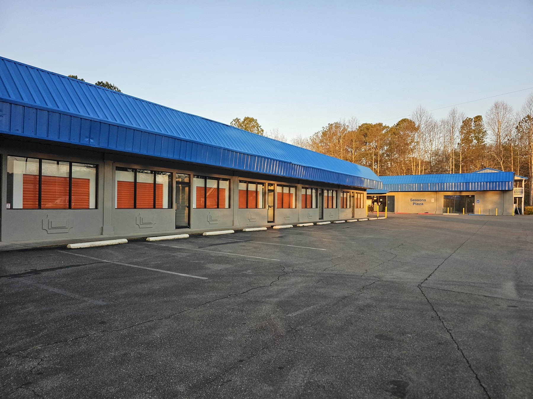 Georgia self-storage facility exterior at dusk